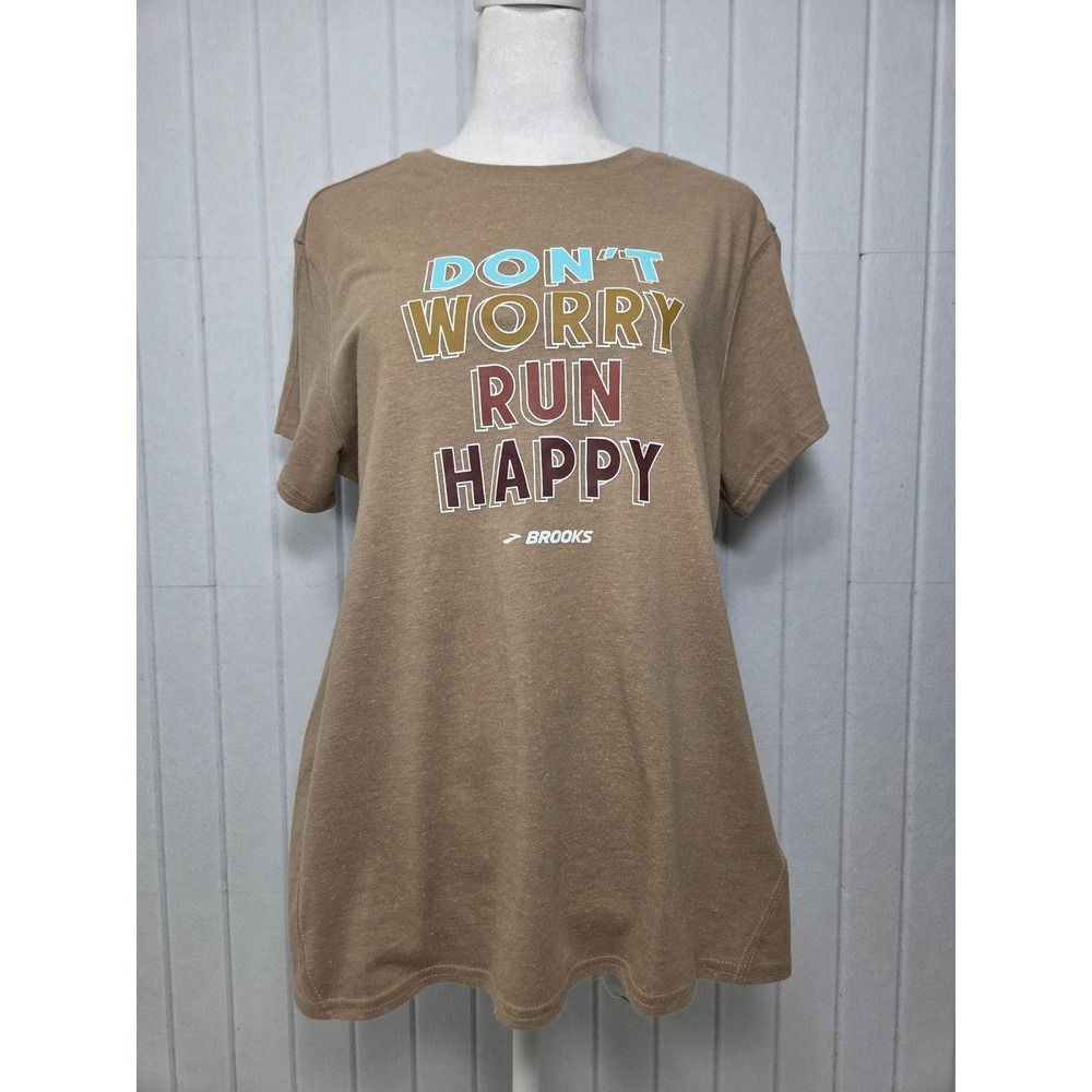 Brooks Distance Graphic Short Sleeve Shirt Heather‎ Oatmeal Run Happy. Size L
